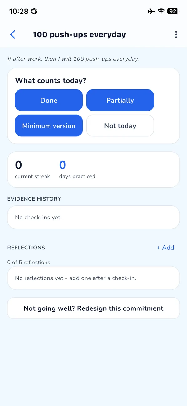 Commitment check-in with Done, Partially, Minimum version and Not today