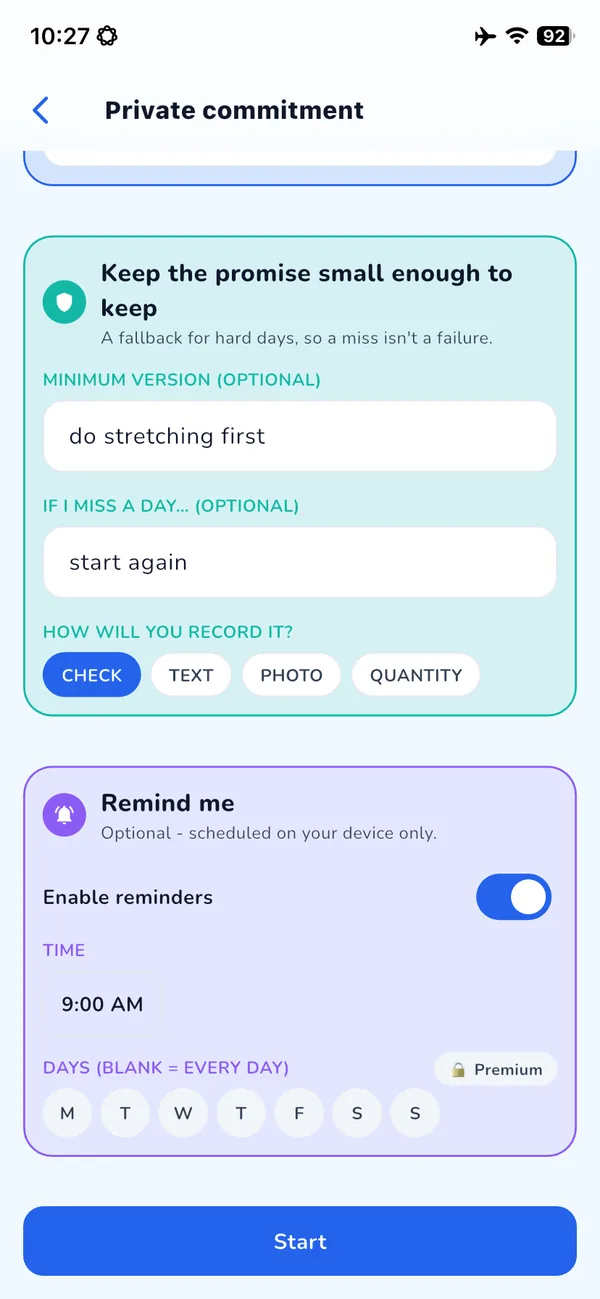 Commitment setup with a minimum version, a plan for missed days and on-device reminders