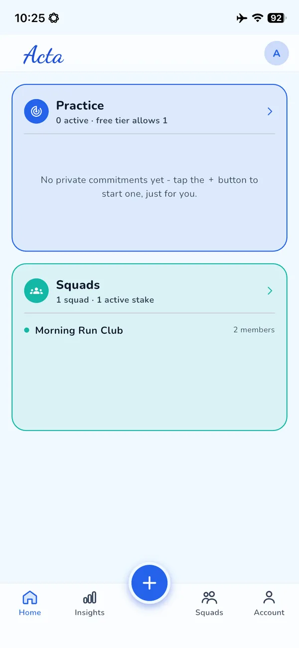 Acta Home screen with the Practice and Squads sections