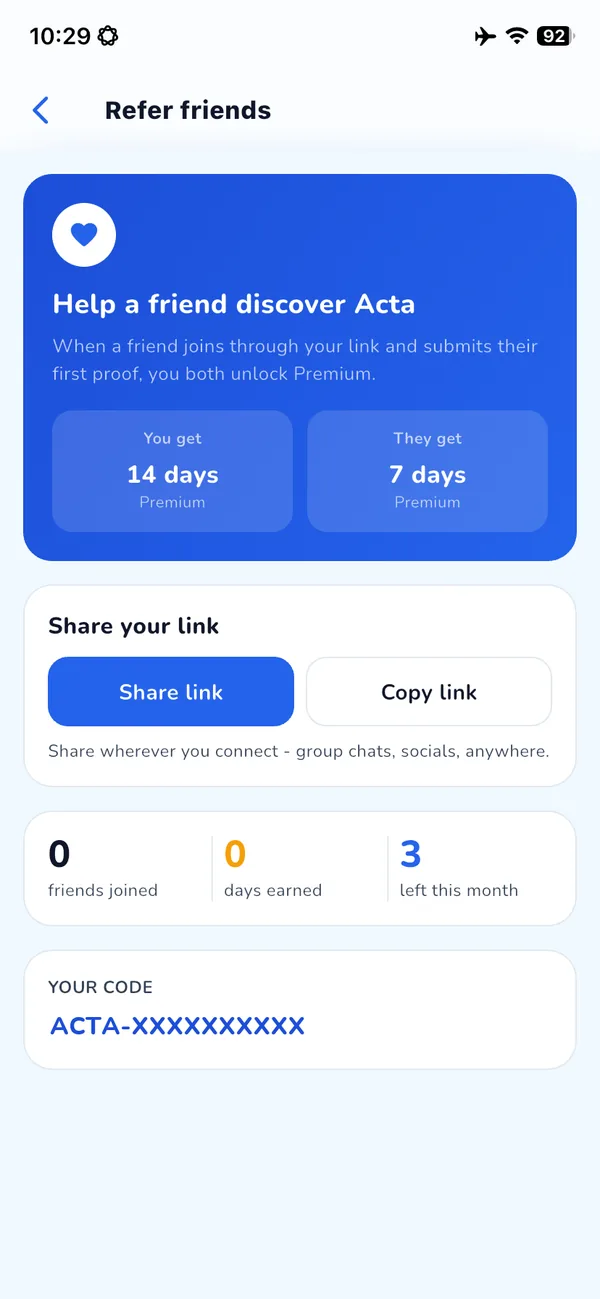 Refer friends screen: you get 14 days of Premium, they get 7
