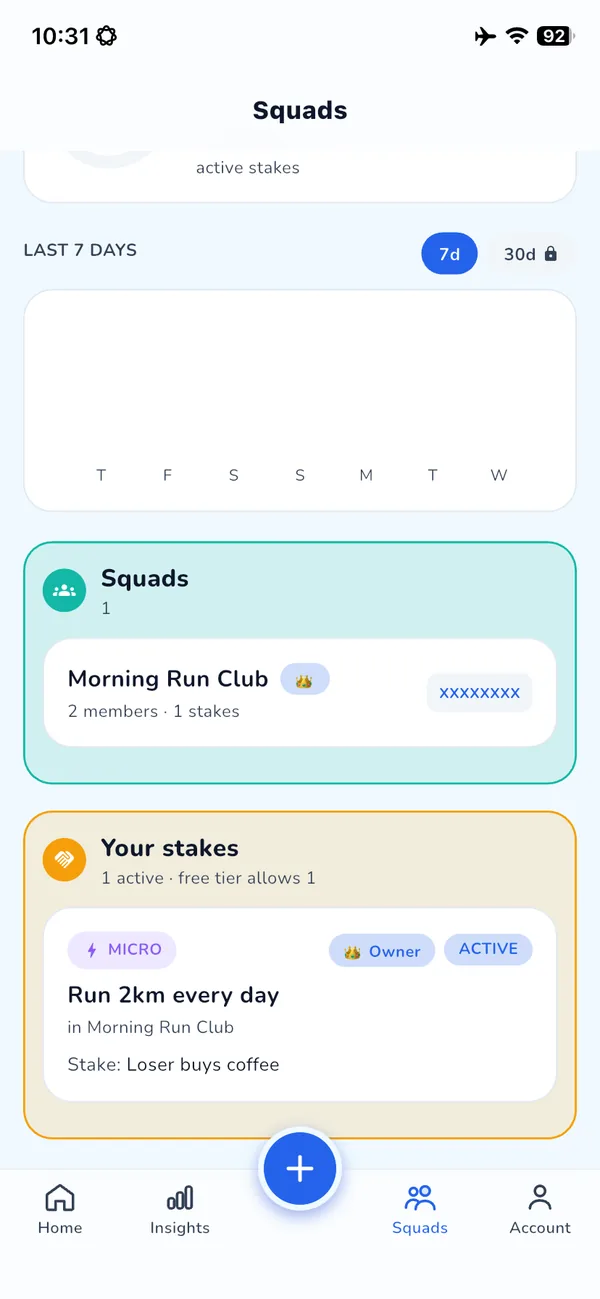 Squads screen showing a squad and an active Micro-track stake: loser buys coffee