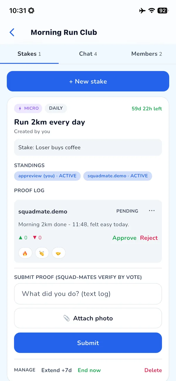 A stake with a squad-mate's pending proof and Approve or Reject vote buttons